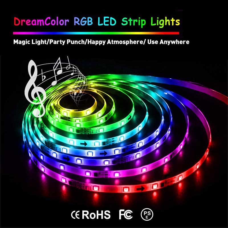 LED Strip Lights with Music Sync-Chase Effect, Dream Color Music lights 16.4ft, 5050SMD RGB Rope Lights with RF Remote, 12V Power Supply, 150LEDs Splash Proof Flexible String Lights for Indoor Bedroom